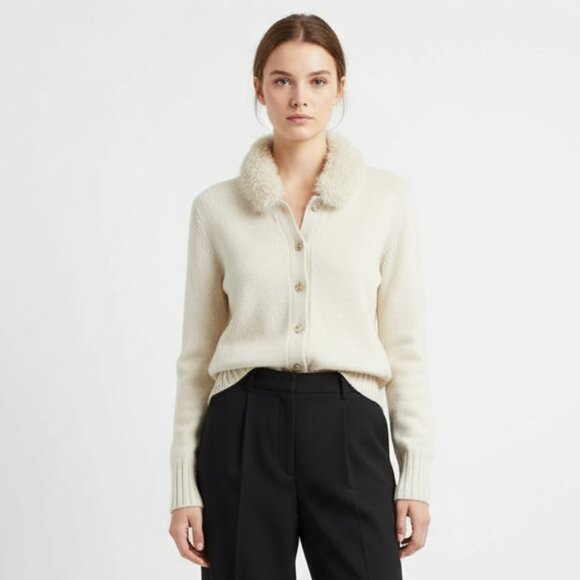 Cashmere Blend Ivory Fur Collar Knit Long Sleeve Vintage Knit Cardigan Sweater - Picture 1 of 8